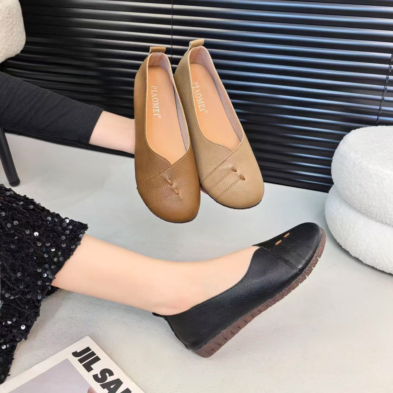 早秋复古休闲豆豆鞋单鞋女平底鞋一脚蹬软面软底舒适