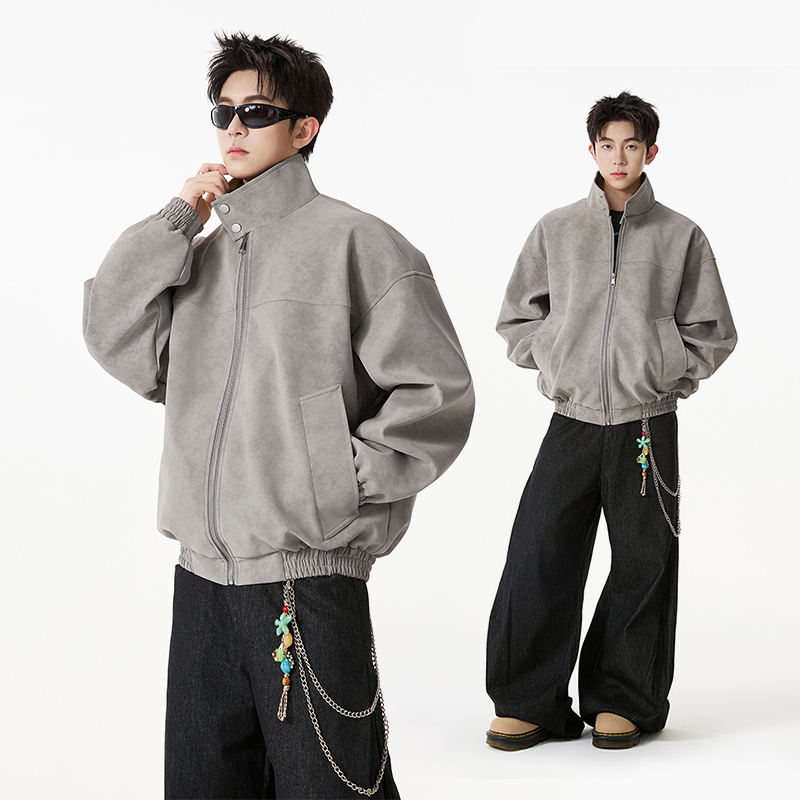 美式复古扎染夹克男款秋季高级感痞帅上衣廓形立领皮衣机车服外套