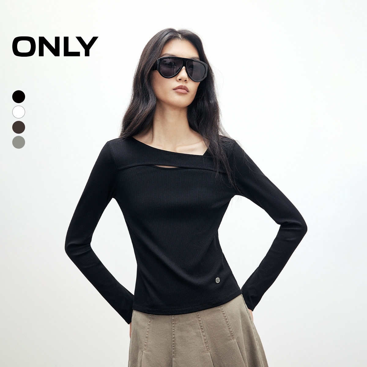 ONLY2025秋季新款不规则镂空设计修身圆领长袖T恤女|125302025