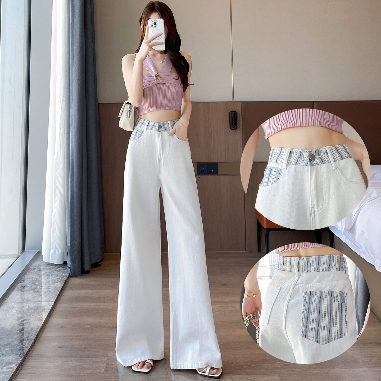 白色拼接牛仔裤女款夏季薄款爆款2025新款撞色直筒宽松阔腿裤拖地