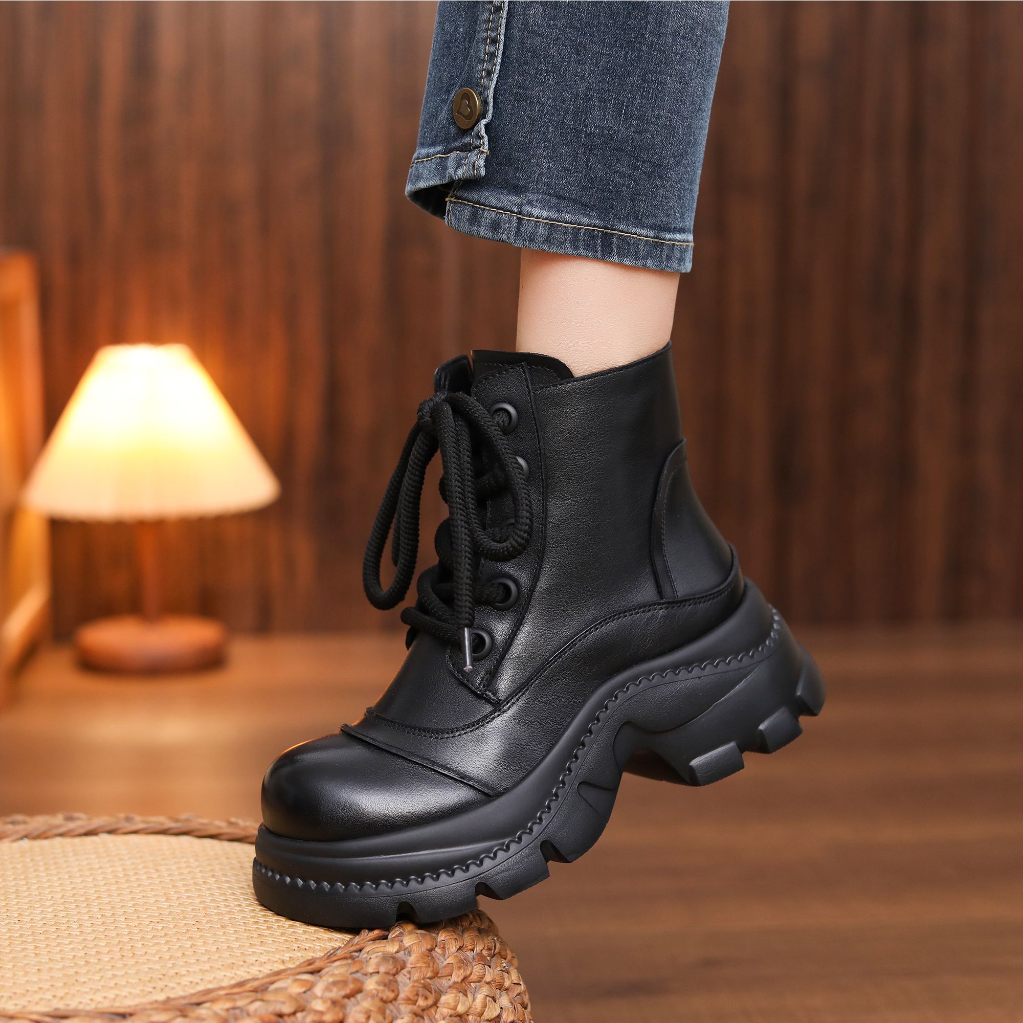 【木子手工】2025秋冬新款头层牛皮厚底马丁靴真皮粗高跟小个子靴子