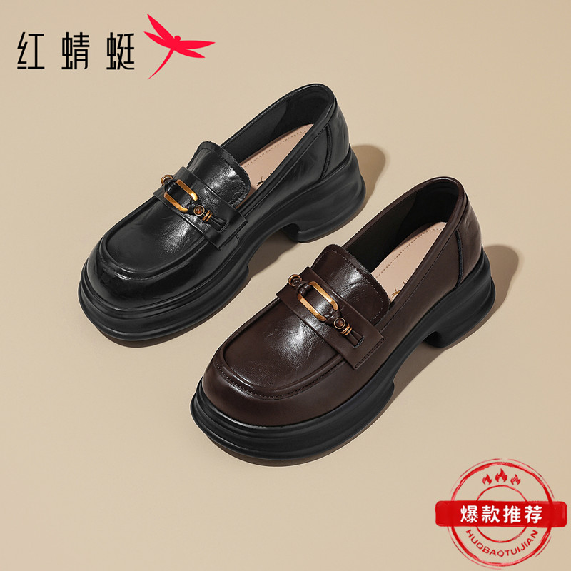 红蜻蜓2025法式英伦风纯色百搭休闲软底ol复古圆头厚底时尚乐福鞋