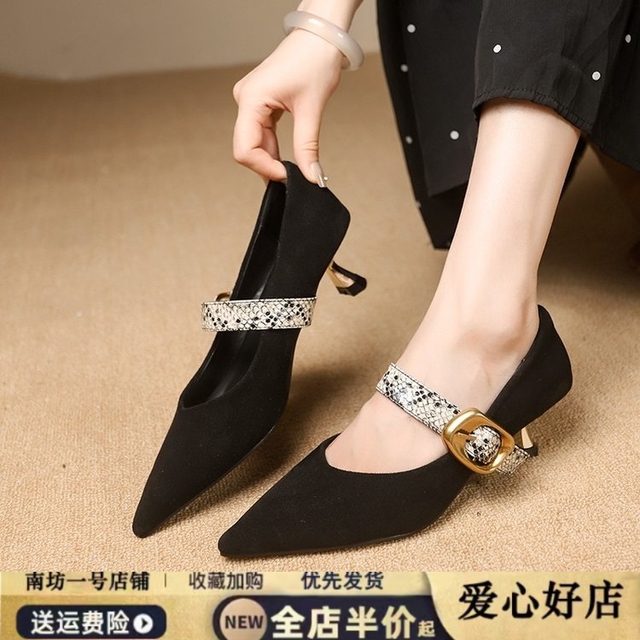 磨砂羊皮细跟中跟包鞋女2025秋季新款一字带扣真皮尖头玛丽珍鞋女