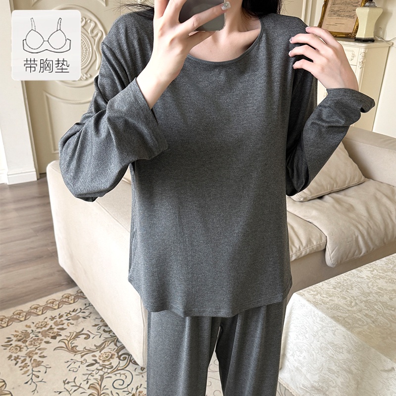 带胸垫睡衣女士休闲春秋季长袖长裤薄款运动风简约宽松家居服套装