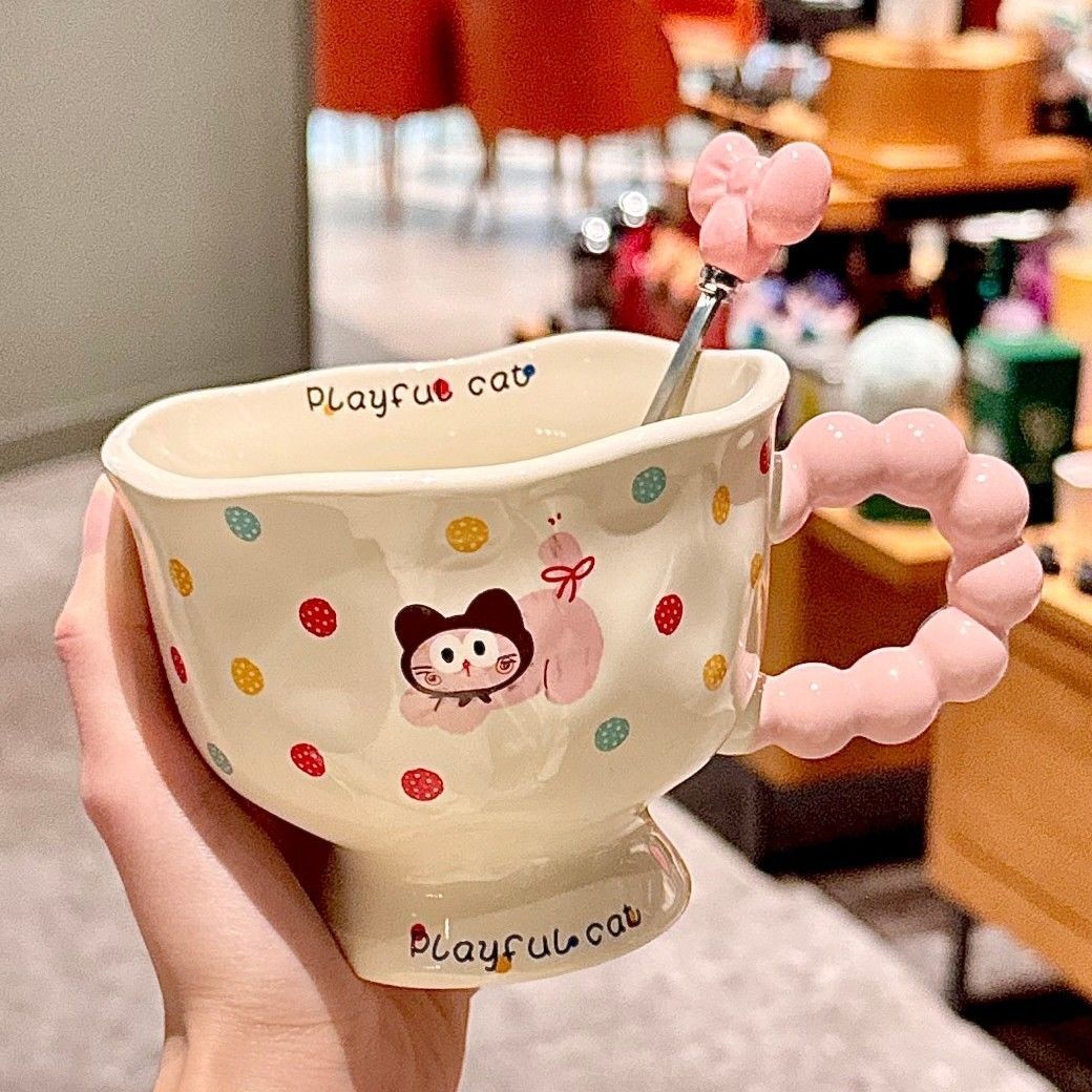 ins风波点小狗马克杯高颜值女生杯子陶瓷情侣水杯可爱儿童早餐杯W