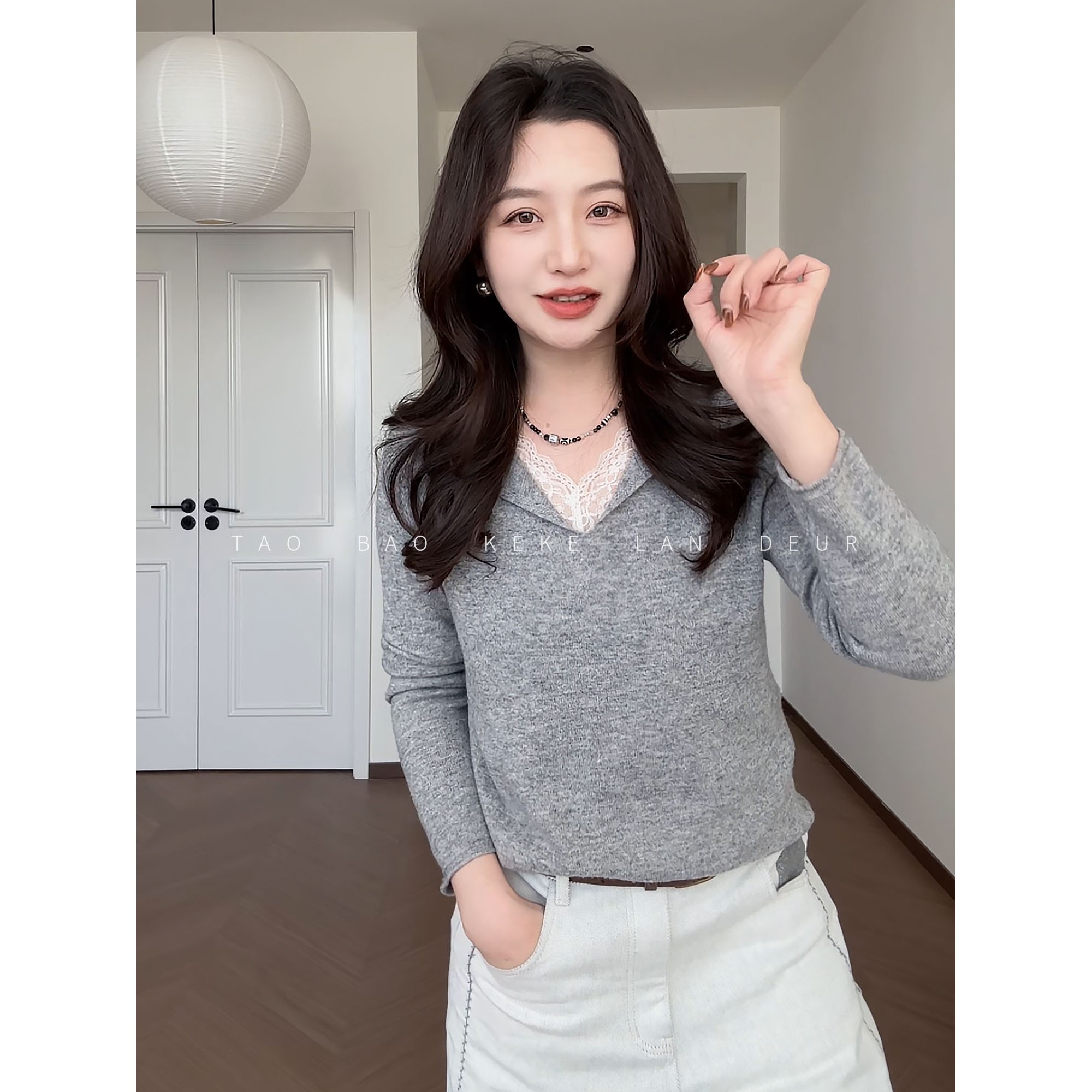 【城市定律】韩系甜美蕾丝拼接假两件温柔气质V领针织衫