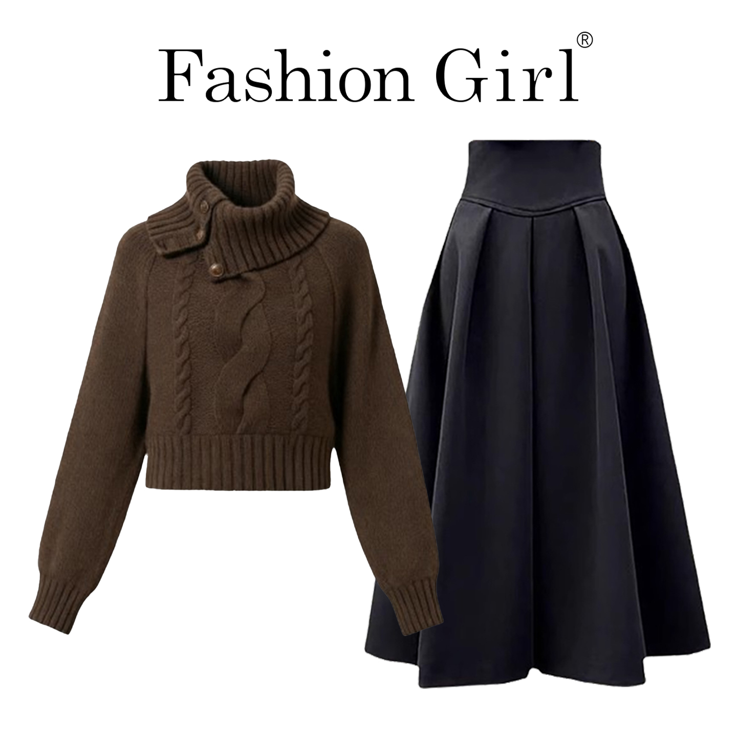 2025秋冬新款老钱风高领麻花针织衫女设计感咖色毛衣百搭裙子套装