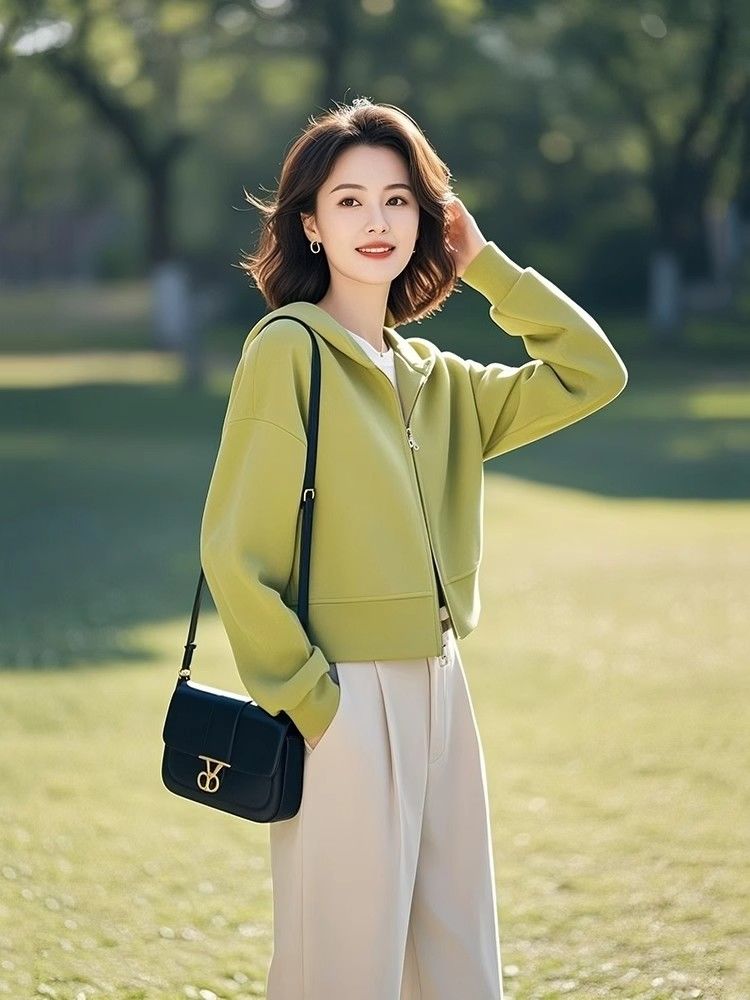 绿色拉链连帽长袖卫衣外套女2025新款开春季韩系穿搭慵懒chic上衣