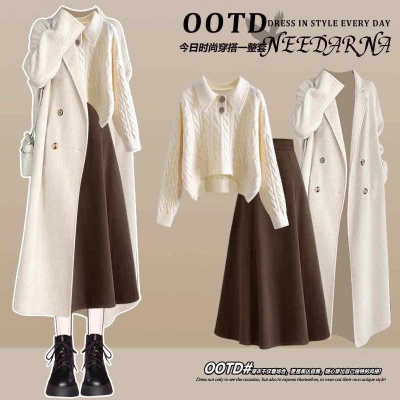 一整套春装韩系舒芙蕾轻法风穿搭针织连衣裙春季美拉德套装止步裙