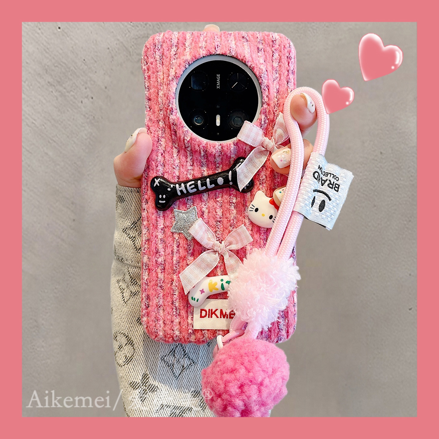 适用华为mate70pro+手机壳绒布撞色条纹mate60pro+蝴蝶结骨头kt猫