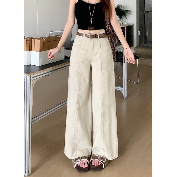 小个子美式杏色工装阔腿牛仔裤女新款高腰宽松直筒拖地长裤