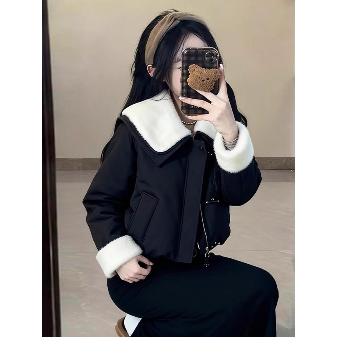 波司断码韩系黑色毛领棉服女款新款冬季保暖小香风超好看短款棉服