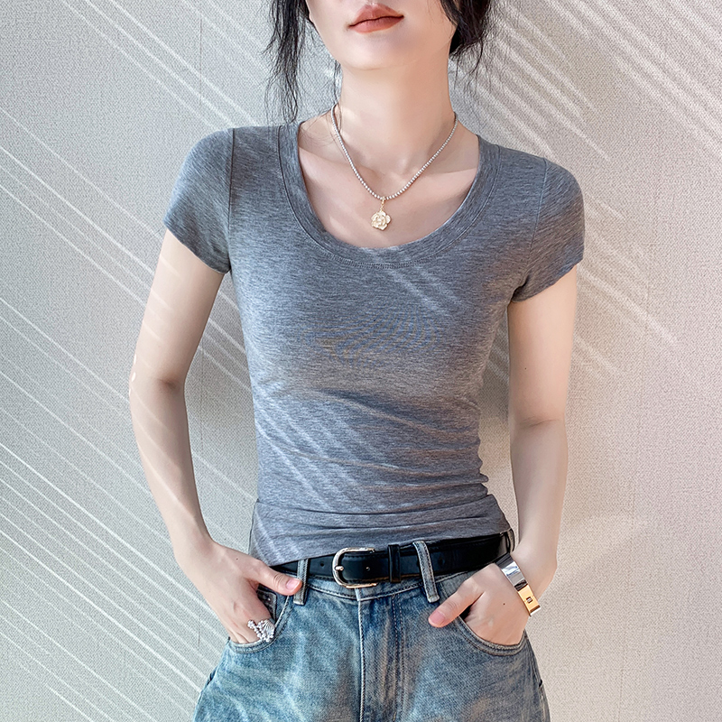 莱赛尔圆领纯色短袖T恤女春季新款ins透气修身显瘦内搭t恤打底衫