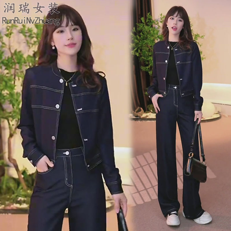 韩版时尚牛仔套装女2025秋季新款静奢风洋气短外套阔腿裤两件套潮