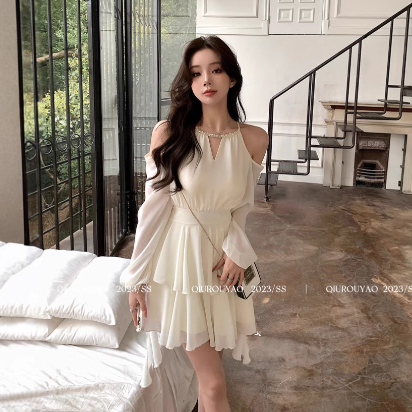 法式气质连衣裙显瘦收腰小个子短裙甜美风纯色长袖裙子女装秋季新