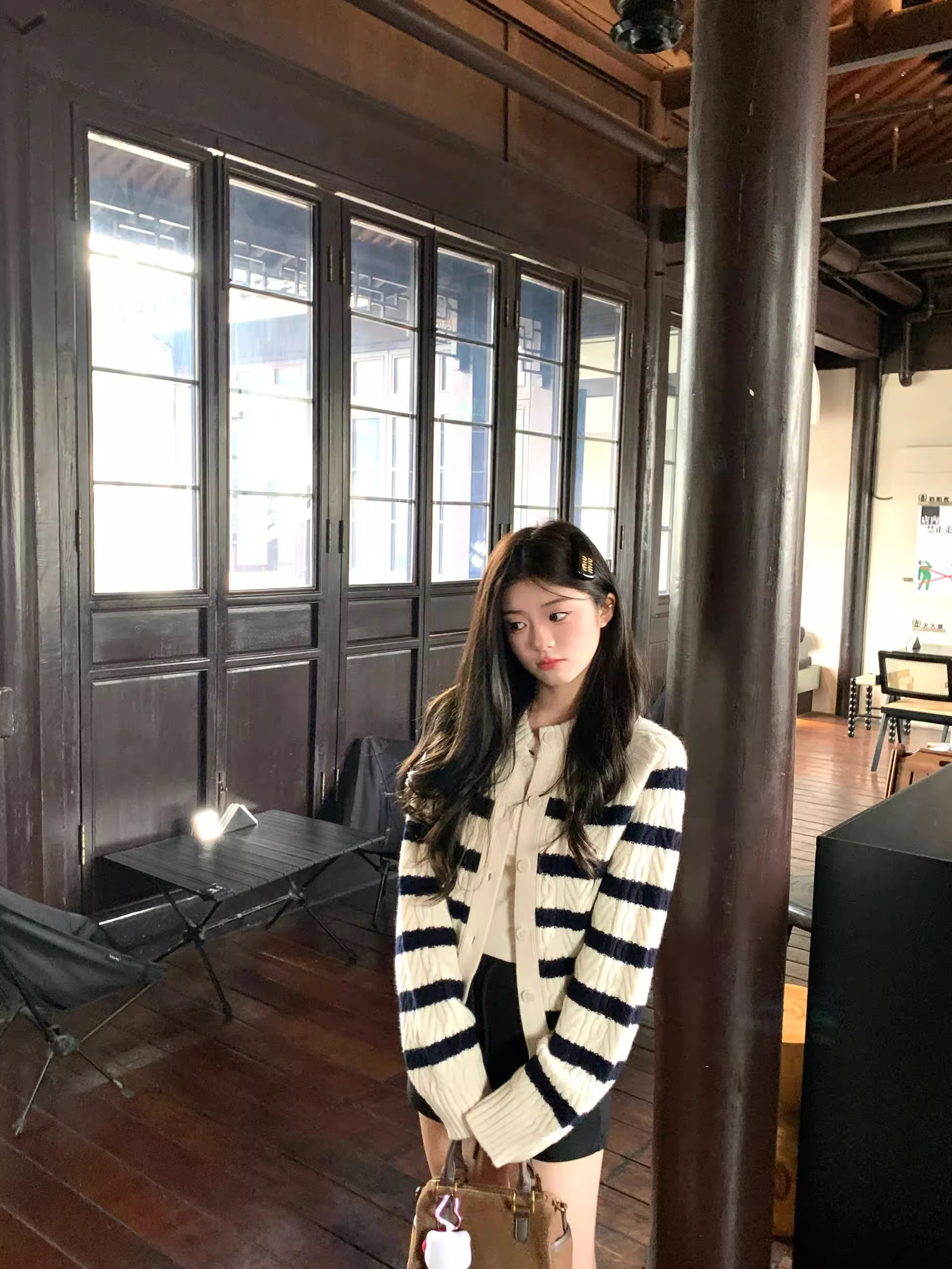 韩系条纹针织开衫时尚百搭软糯亲肤拼色毛衣女短款