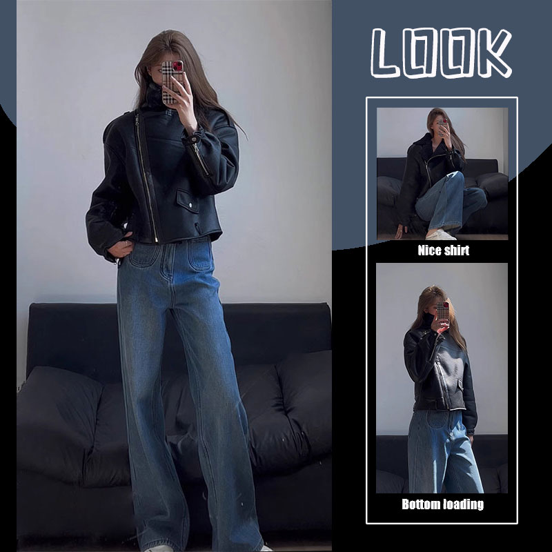 盐系轻熟两件套装拉链设计感挡风保暖皮衣外套时尚高腰水洗阔腿裤