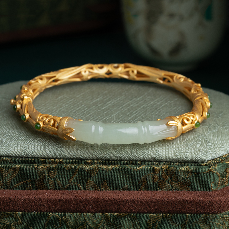 小银匠竹节银古法工艺古风小众高级感镯卡扣镂空925银镯子嵌白玉