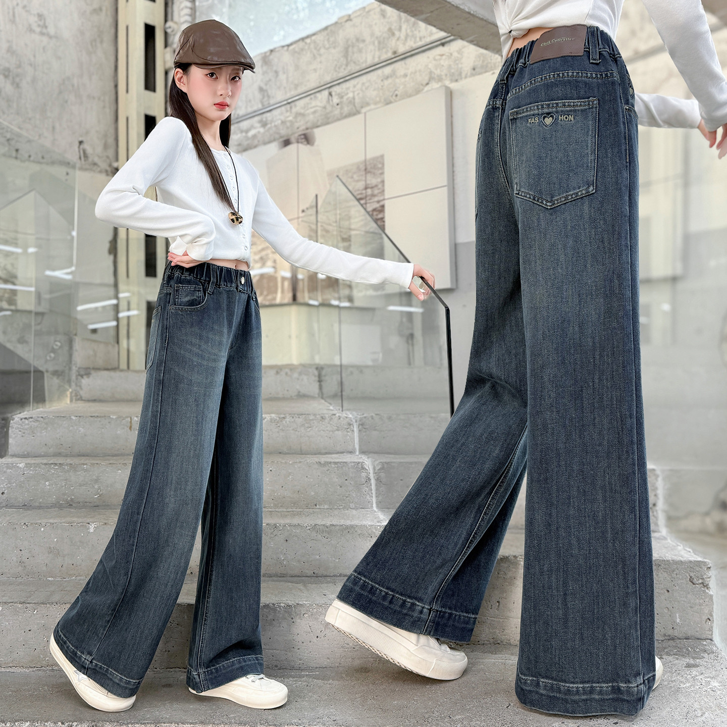 女童阔腿牛仔裤春秋款2025新款初中生中大童早秋女孩阔腿裤子秋装