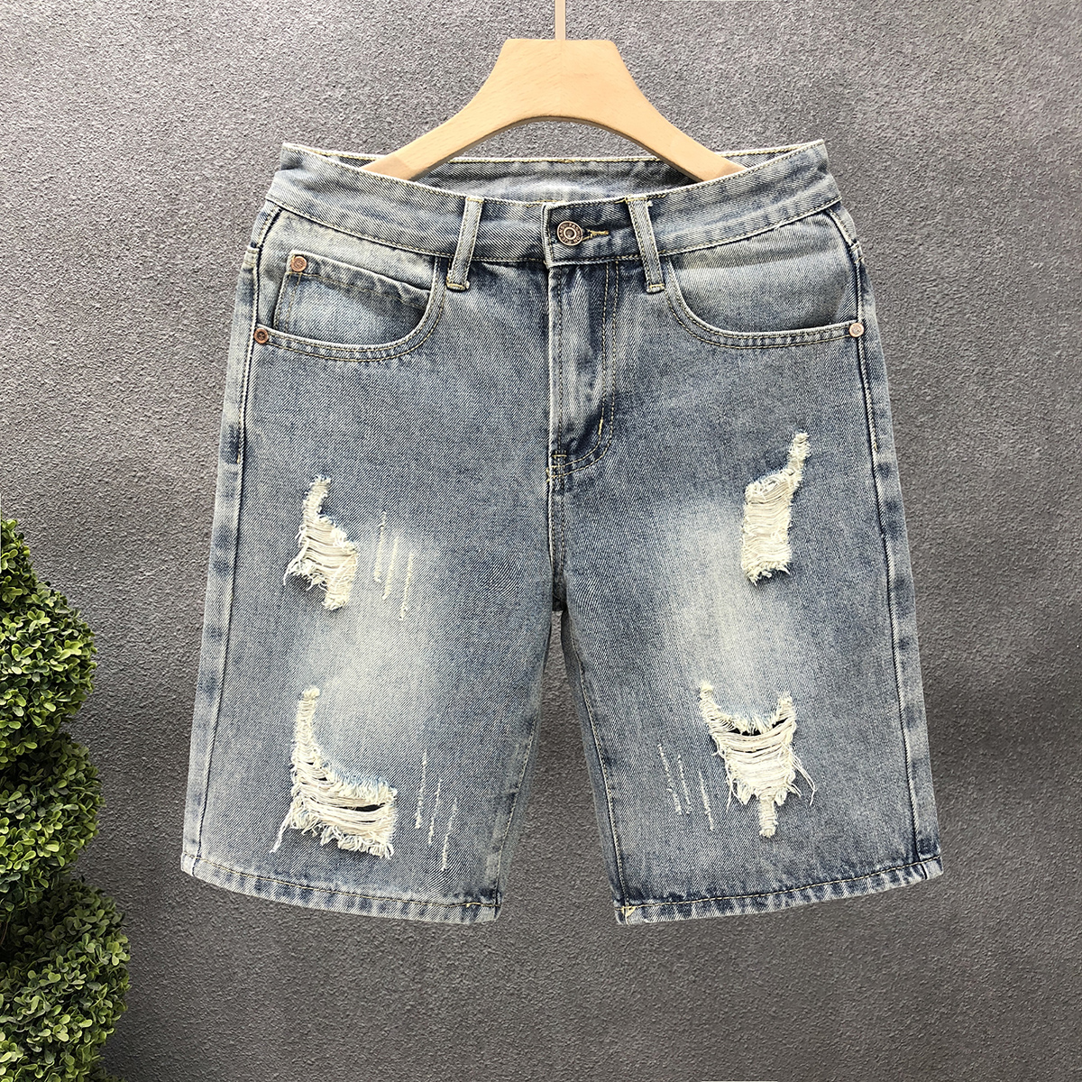 2025新款破洞牛仔短裤男潮牌夏季时尚直筒短裤男士薄款五分半截裤