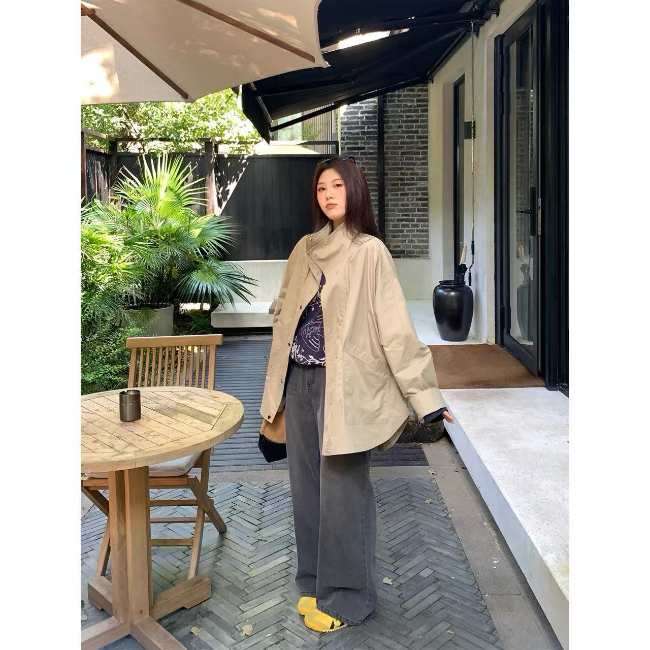 【现货秒发-NAZ微胖大码定制】春秋韩系宽松立领显瘦风衣外套