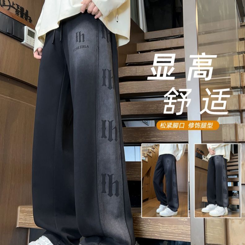 男士秋冬季新款加绒加厚水洗卫裤青少年学生潮流帅气直筒休闲裤子