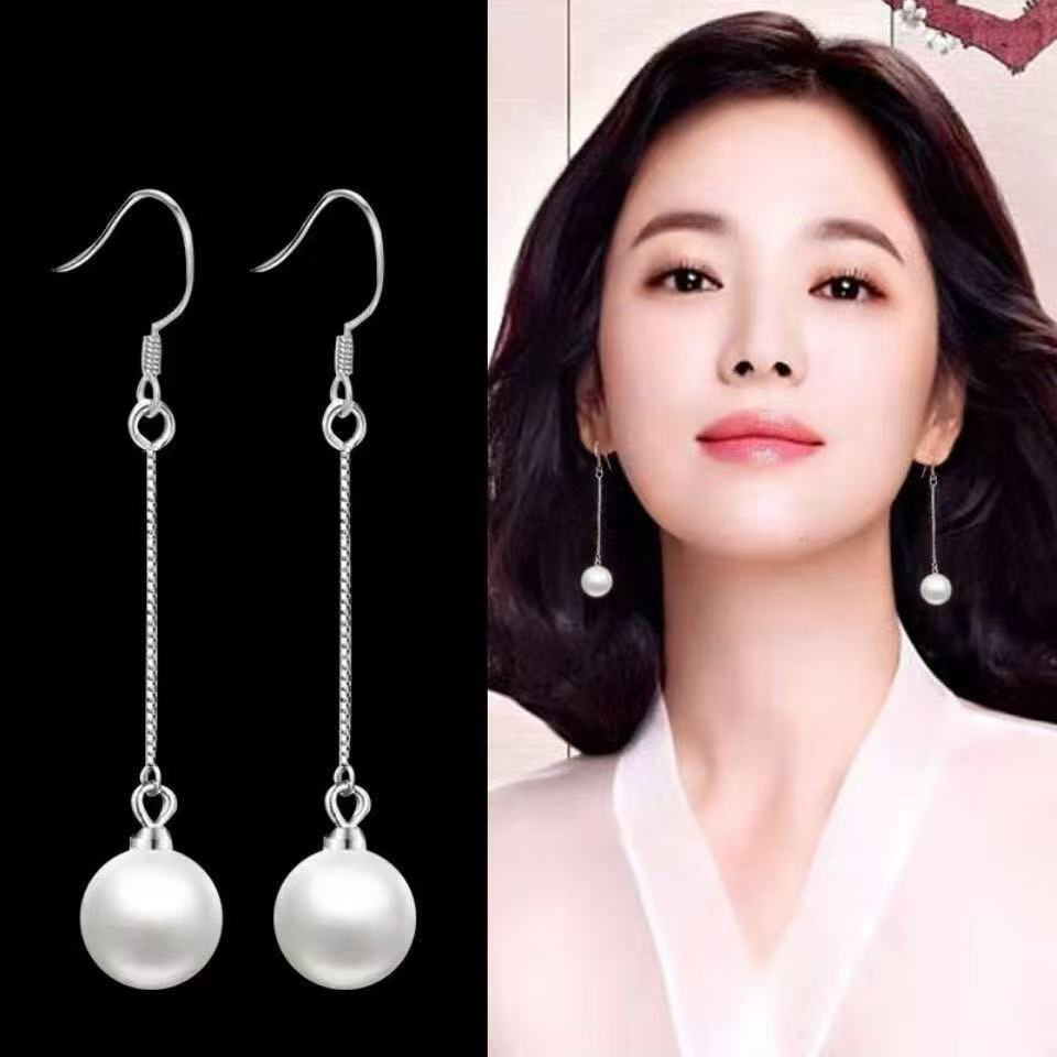 合金耳饰 高档珍珠长款圆脸耳环女韩国气质耳坠光珠时尚优雅挂钩