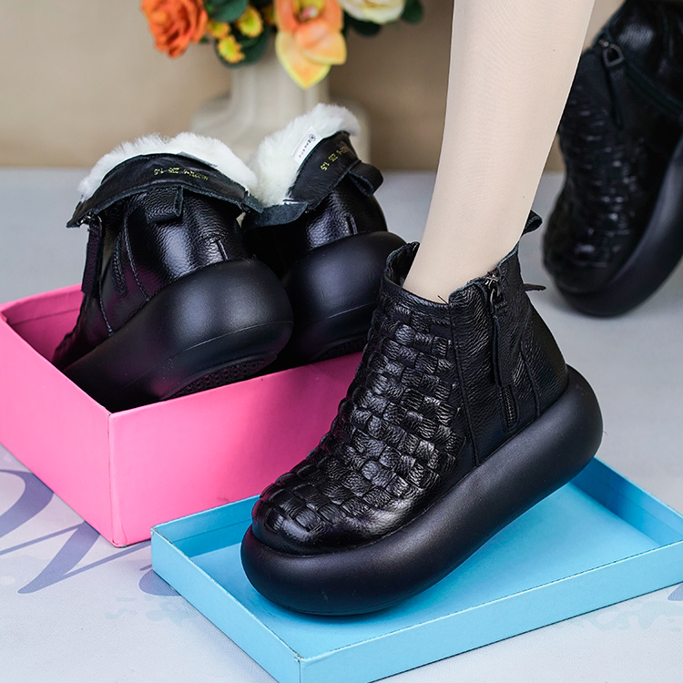 BH62232-1冬季真皮女鞋加绒保暖头层牛皮厚底休闲纯羊毛短靴