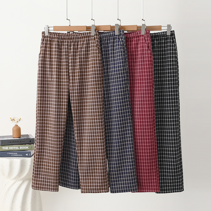 复古格纹窄版阔腿裤女宽松直筒睡裤薄款高腰休闲长裤保暖家居睡裤