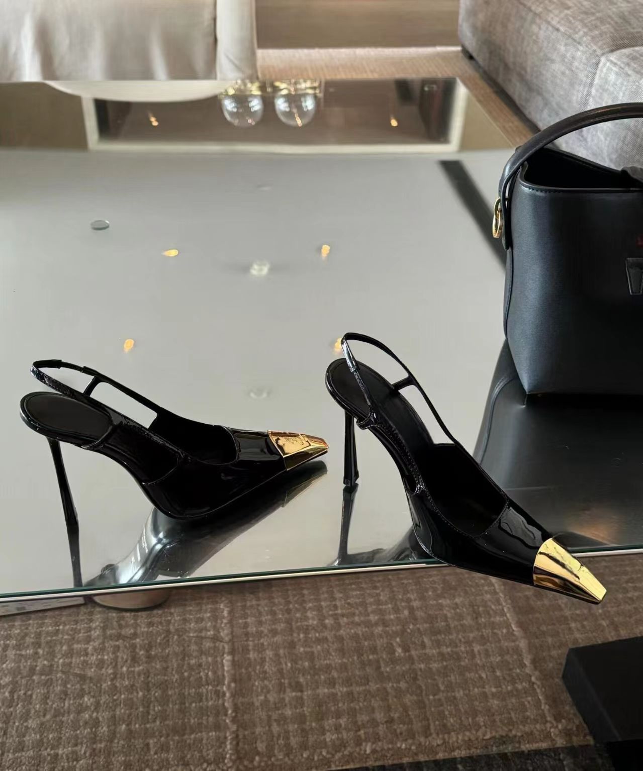 2025新款杨树林同款高跟鞋后空性感黑色漆皮金属方头细跟浅口单鞋