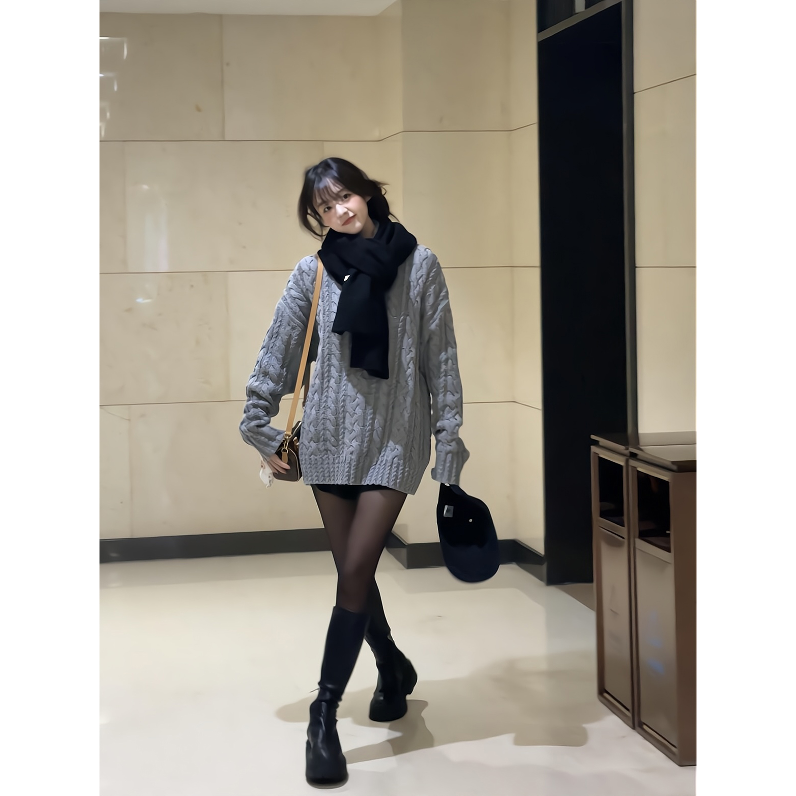 秋冬新款韩国chic糯百搭长袖麻花针织毛衣上衣短裤热裤靴裤套装女