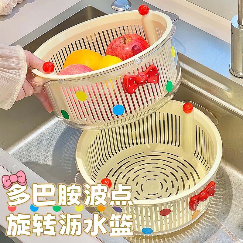 多巴胺波点旋转沥水篮双层加厚洗菜篮蔬菜筐水果盆瓜果收纳篮子HR