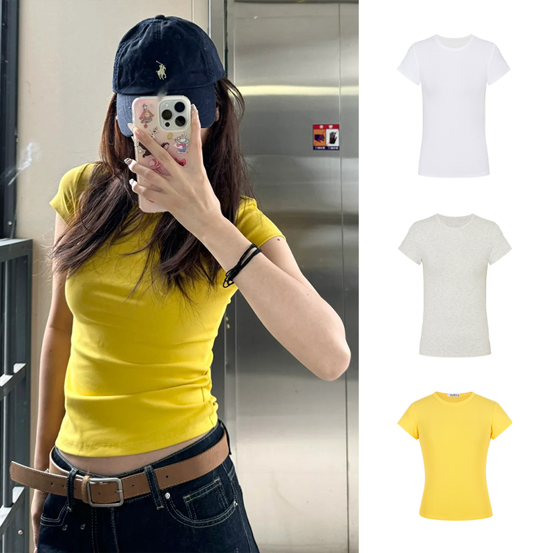 Moses Queen/魔西女王时髦凉感辣妹黄色正肩短袖t恤女收腰上衣
