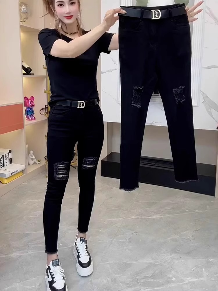 黑色破洞九分小脚牛仔裤女夏季薄款大码胖mm高腰弹力小个子铅笔裤