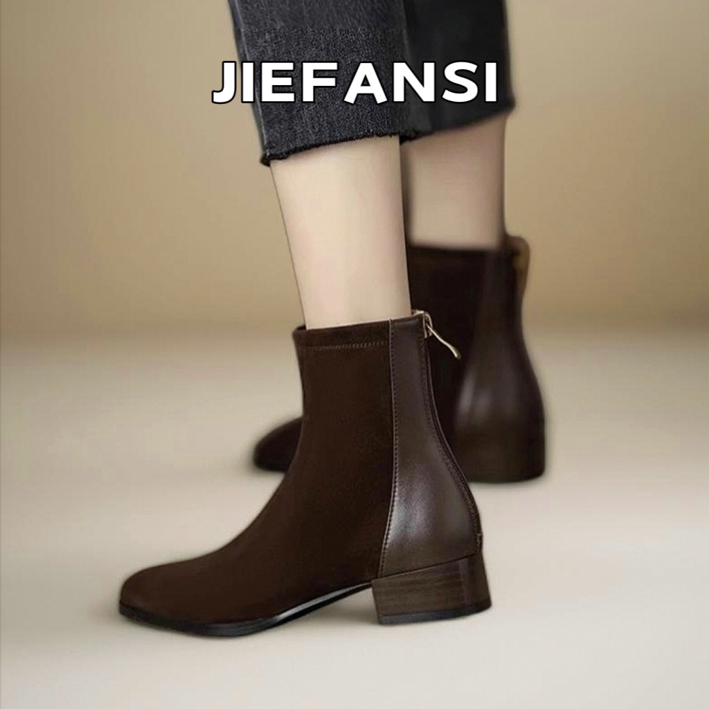 2025新款粗跟女式棕色短靴女春秋单靴磨砂材质低跟百搭方头马丁靴