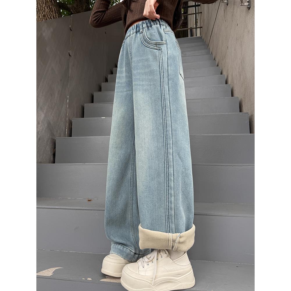 女童加绒牛仔裤秋冬款儿童一体绒直筒冬季大童阔腿裤12岁女孩裤子