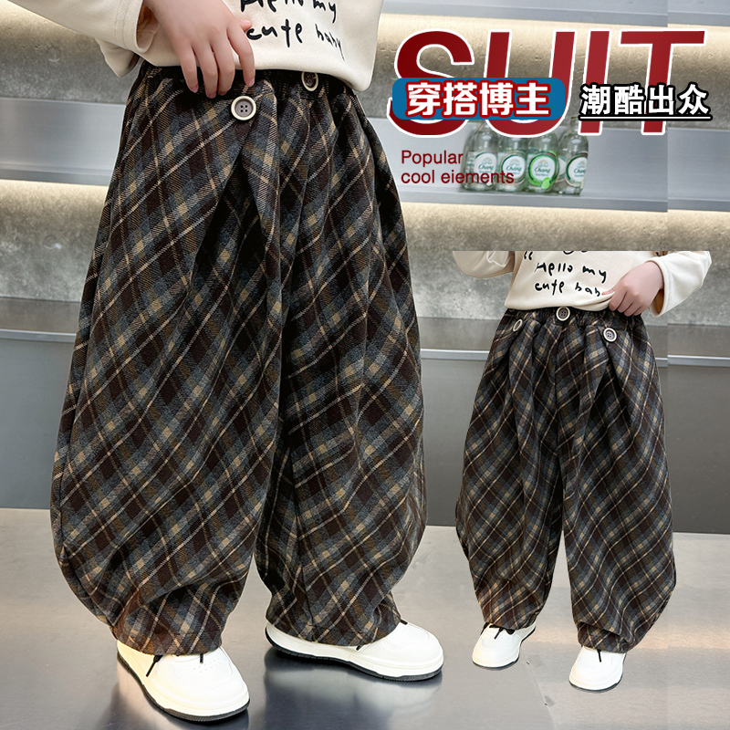 男童冬季加绒加厚弯刀休闲裤儿童中小童宝宝时尚保暖格纹休闲裤