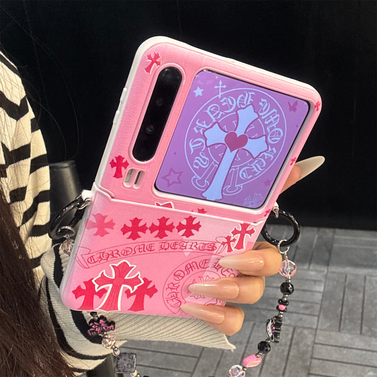 适用华为purax典藏版折叠屏手机壳pocket2粉色皮质护轴十字架链条