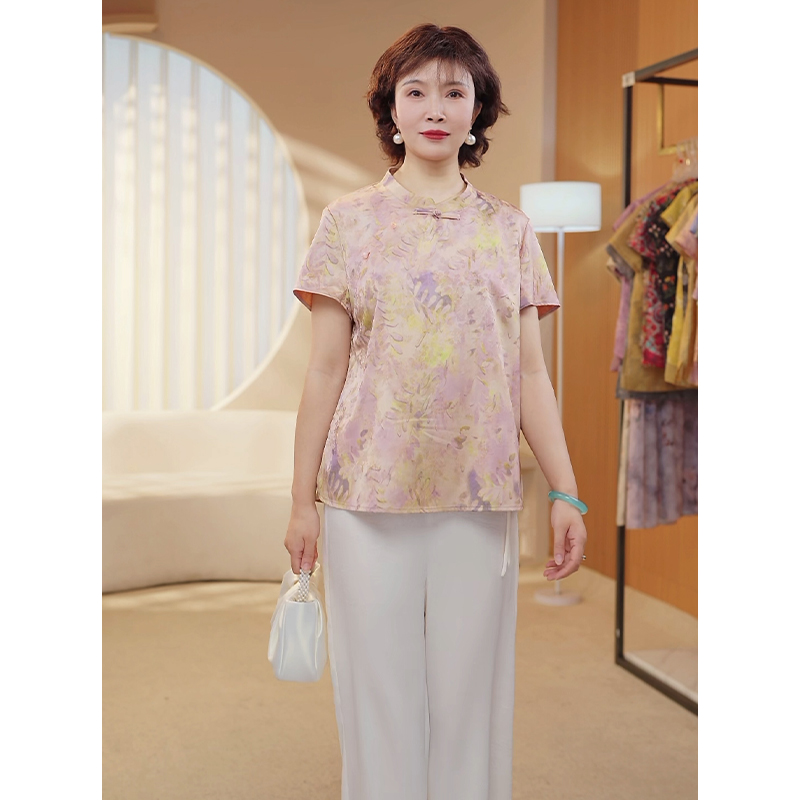 妈妈装夏装新中式国风气质提花短袖T恤薄款中老年夏季立领套装299