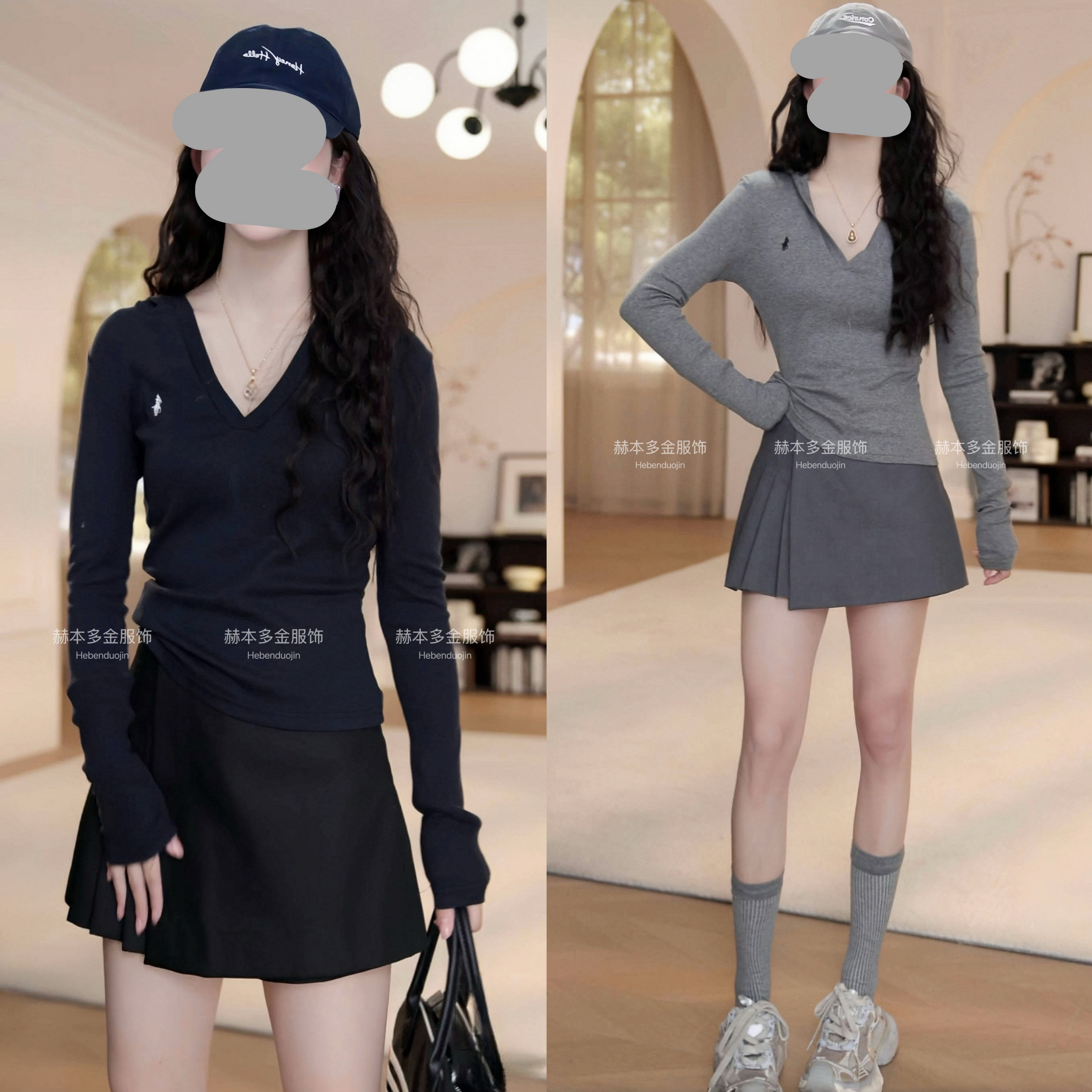 2025春季小个子紧身显瘦连帽长袖打底衫上衣百搭短裙裤运动套装女