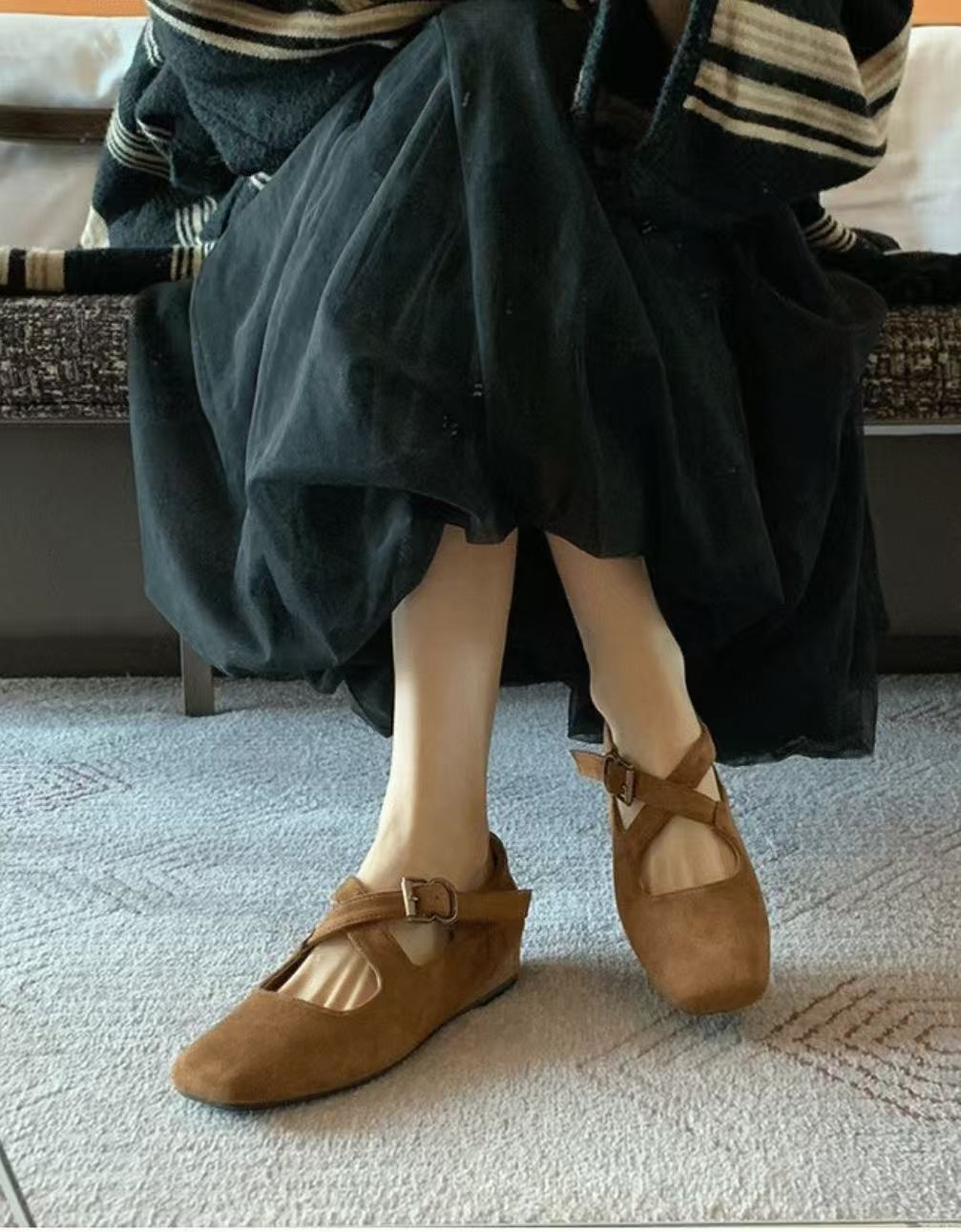 【内增4公分】系列内增高复古芭蕾风平底单鞋女交叉一玛丽珍女鞋