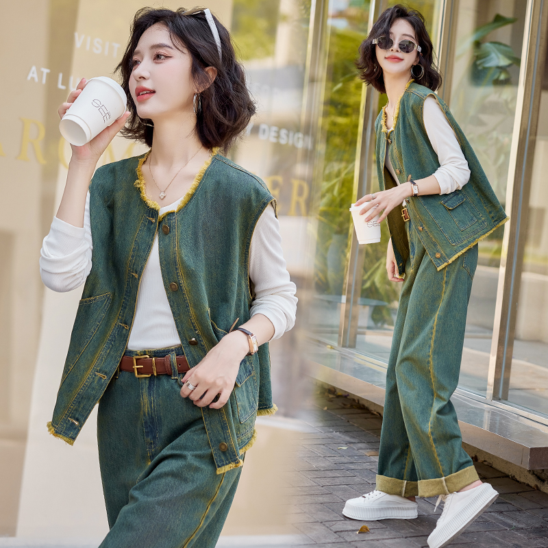港风复古牛仔马甲套装女2025春秋新款设计感休闲时尚阔腿裤两件套