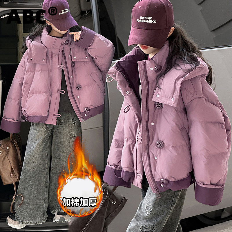 ABC女童洋气撞色拼接紫色棉服外套连帽韩版宽松2025新款中大童面