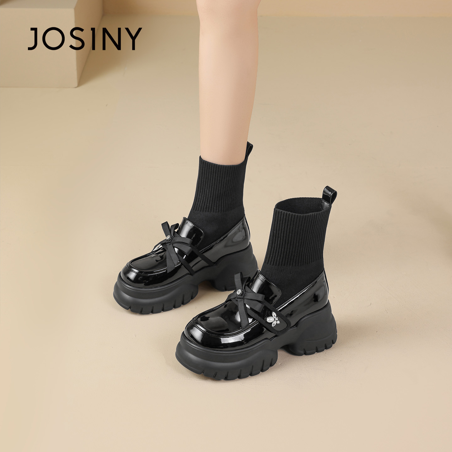 卓诗尼黑色中筒女靴筒靴女2025冬季新款蝴蝶结休闲风圆头显瘦休闲