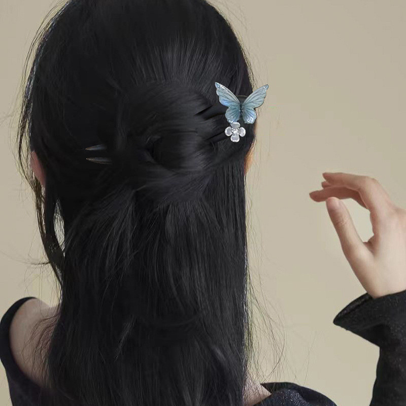 汉服清新朵蓝花u型发簪合仙气蝶铜钗木中式镀层复古风配件