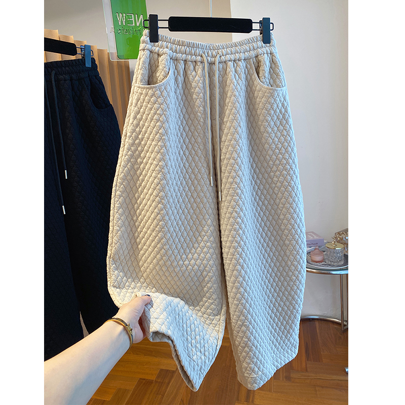 胖妹妹240斤大码松紧腰菱格保暖夹棉卫裤子女秋冬休闲阔腿哈伦裤