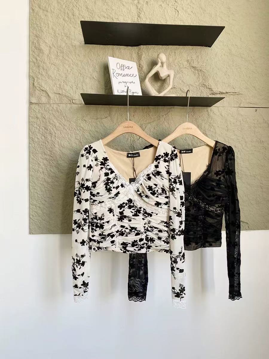 加绒加厚蕾丝边提花V领长袖T恤女秋冬新款韩版修身显瘦上衣8388