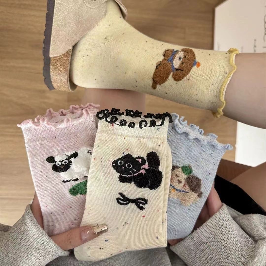 春秋季ins潮款可爱卡通长筒堆堆袜子女中筒袜木耳花边长袜女生LW