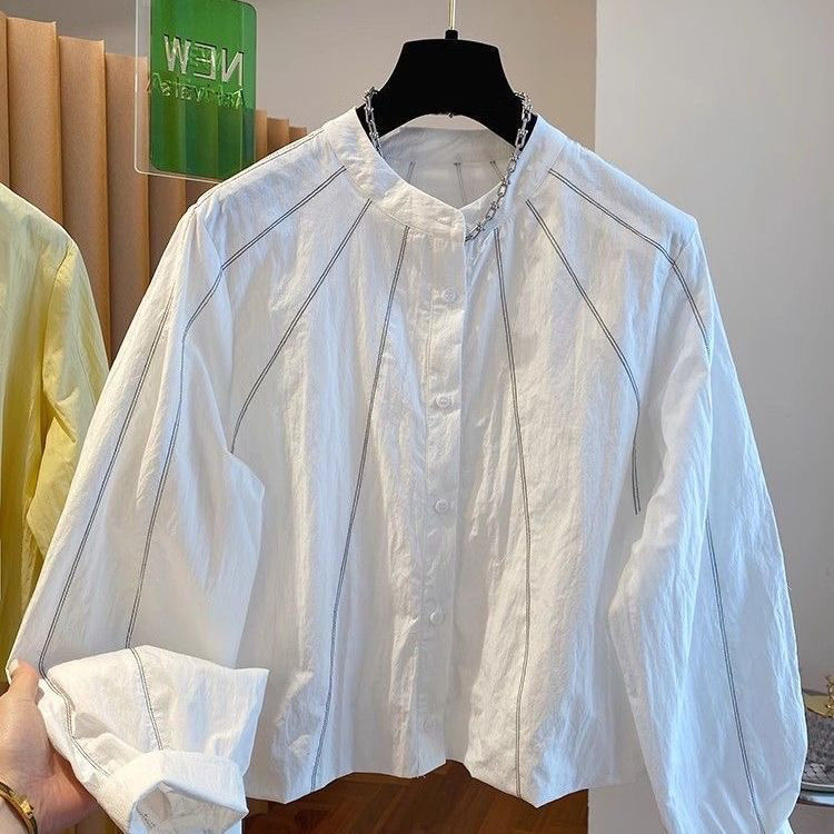 2025新款宽松圆领短款收腰上衣300斤特大码明线设计感衬衫女长袖