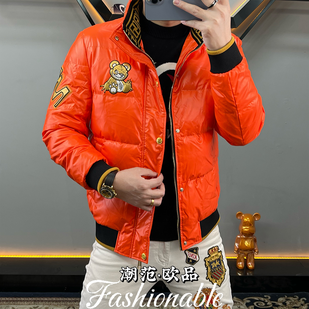 欧洲站冬季男士羽绒服潮牌休闲修身刺绣百搭立领白鸭绒羽绒外套